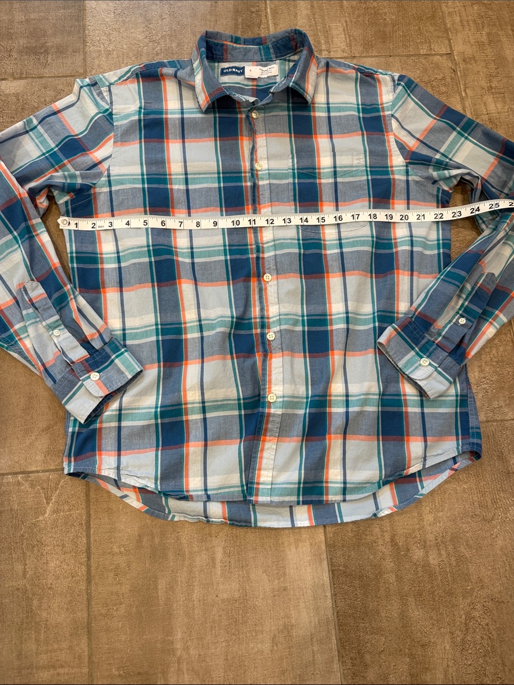 Old Navy Men’s Teal & Blue Plaid Button-Down Shirt with Orange Accents - Picture 4 of 7